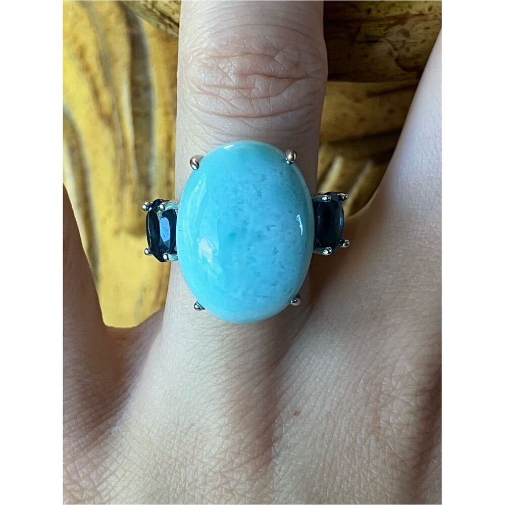 Natural Larimar London Blue Topaz Ring Size 6.75